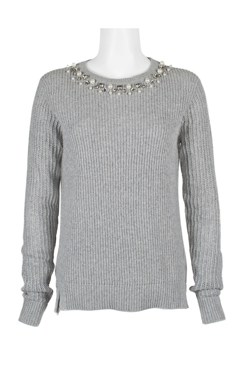 Adrianna Papell Embellished Crew Neck Long Sleeve Knit Wool Sweater