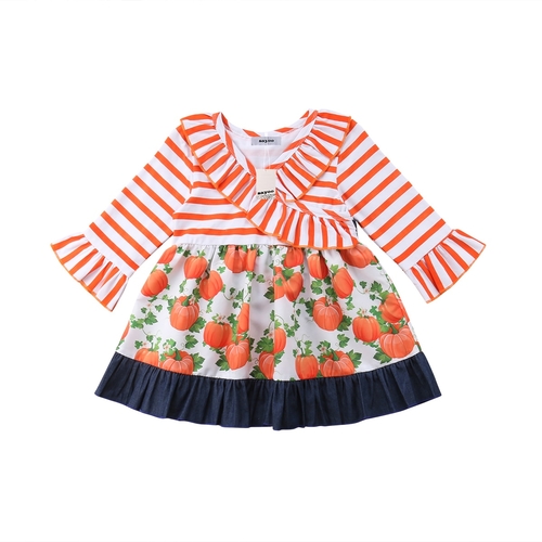 Halloween Kids Girls Pumpkin dress Splicing Dress