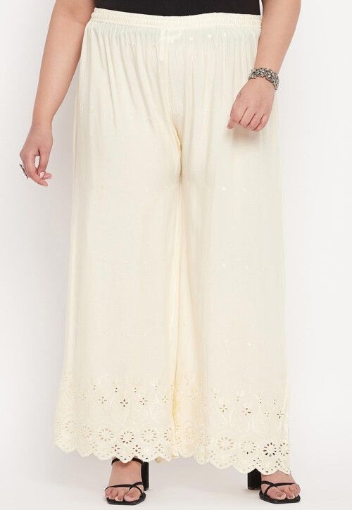 Schiffli Rayon Palazzo in Cream (Size-32) (Color-CREAM)