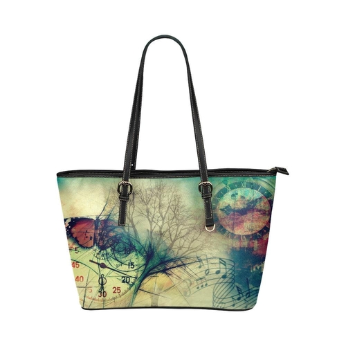 Large Leather Tote Shoulder Bag - Green Antique Clock Print