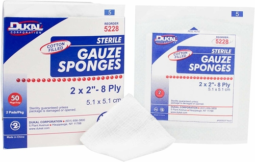 Dukal Gauze Sponges 2" x 2". Pack of 50 Sterile Cotton Filled Gauze