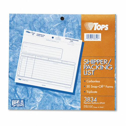 Tops 3834 Shipper Packing List  8-1/2 x 7  Carbonless 3-Part  50 Loose