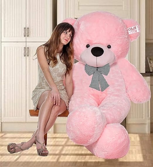 4 Feet Teddy Bear with Neck Bow Stuffed Spongy Cute Teddy Bear Pink