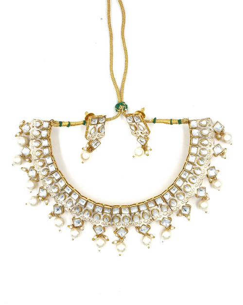 Gold-Plated Transparent Stone-Studded Necklace & Earrings Set 