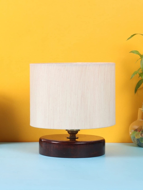 Cotton Table lamp with Wood Brown Base