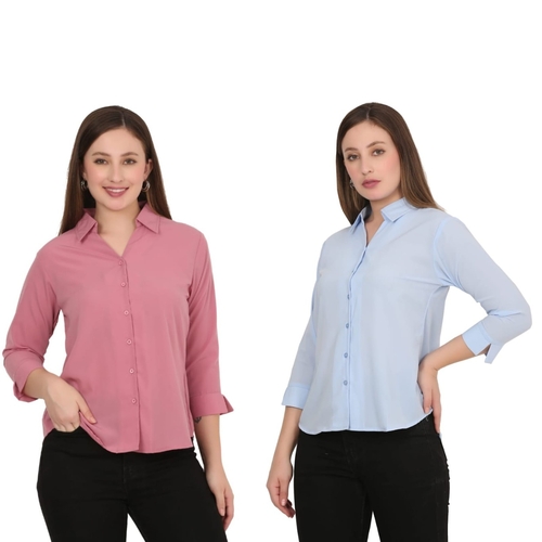 Womens Solid Formal Shirt PACK OF 2 PINK AND LIGHT BLUE  M