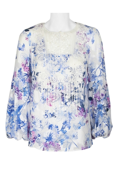 T Tahari Crew Neck Bishop Sleeve Pleated Lace Multi Print Paisley Top