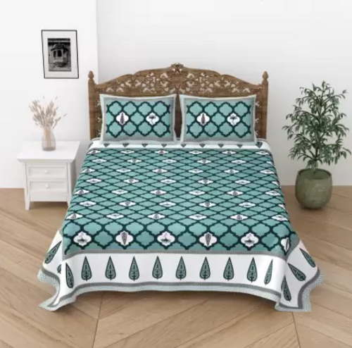 244 TC Cotton Double Floral Flat Bedsheet  (Pack of 1, Sgreen Block)