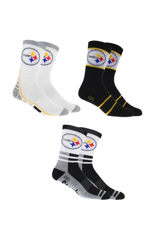 Pittsburgh Steelers Socks 3 Pack Crew Length NFL Football