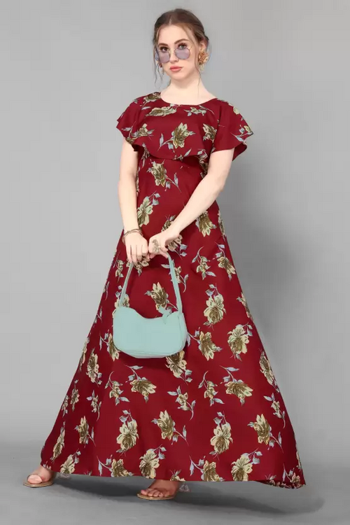 Women's Printed Crepe Stitched Anarkali Gown (Maroon) (Size M)