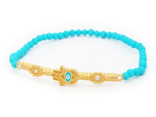 Fronay 212399T Elastic Turquoise & Hamsa Evil Eye Bar Bracelet in Verm