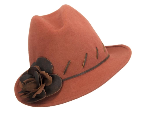 Exclusive rabbit fur fedora hat with leather flower