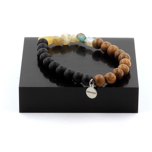 Multicolor Opal + Matte Black Onyx + wood Bracelet 8 mm Beads.