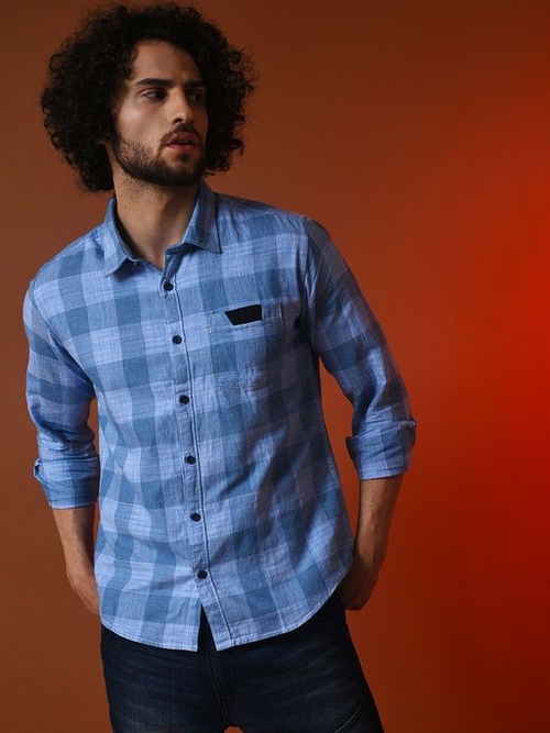 Men Checkered Stylish Casual Shirts (Size-S)(Color-LIGHT BLUE)