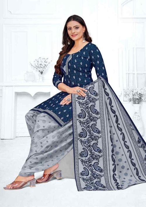 Printed Pure Cotton Saree With Printed Blouse Piece For Women Blue