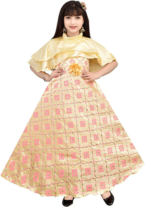 Garments Girls Floral Print Silk Blend Gown Dress (Size-8-9YEAR)