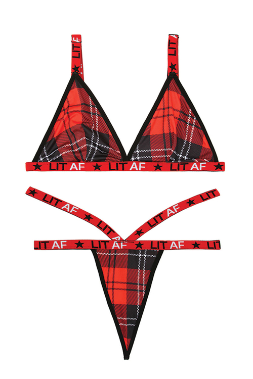 Lit Af Bralette and Thong Set - Red Plaid - M/l