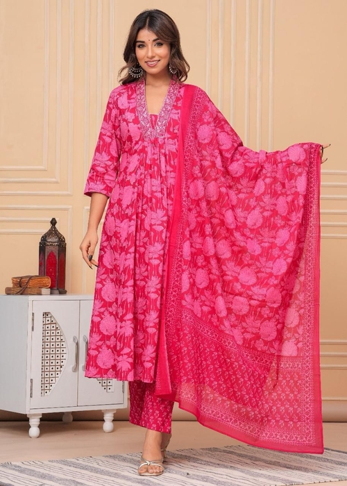 Embroidered Kurta Trouser Pant & Dupatta Set Size L Color Pink