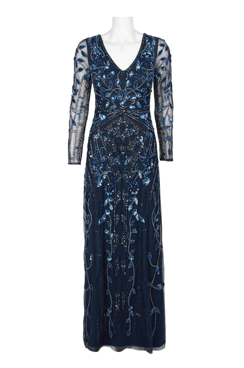 Aidan Mattox V-Neck Long Sleeve Illusion Zipper Back Embellished Mesh