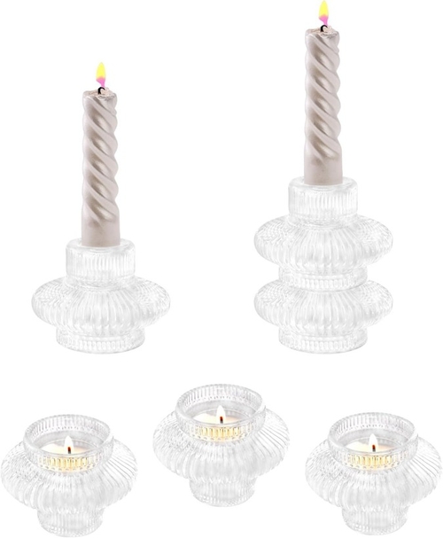 Taper Glass Candle Holder Set of 6 for Taper Candles and Tea Lights,