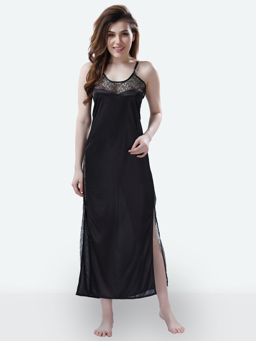 Romaisa Women's Satin Solid Black Maxi Length Nightgown