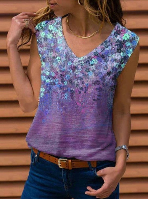 2021 Spring  New V-neck Printed Sleeveless Vest Women Top