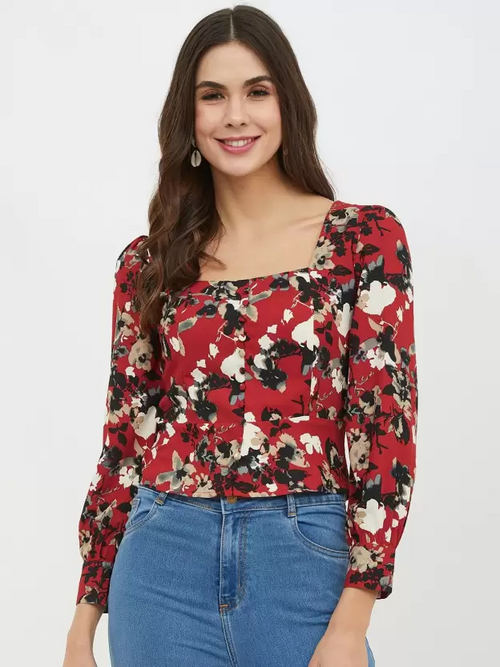 Casual Regular Sleeves Printed Women Red Top (Size L)