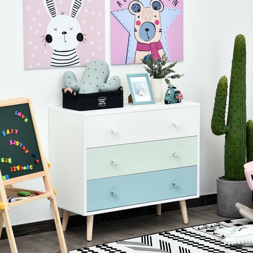 HOMCOM Kids Cabinet Bedroom Storage Unit 3 Drawer Toy Stand Sea Blue