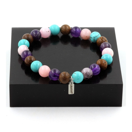 Pink Opal + Amethyst + Turquoise + wood Bracelet 8 mm Beads.