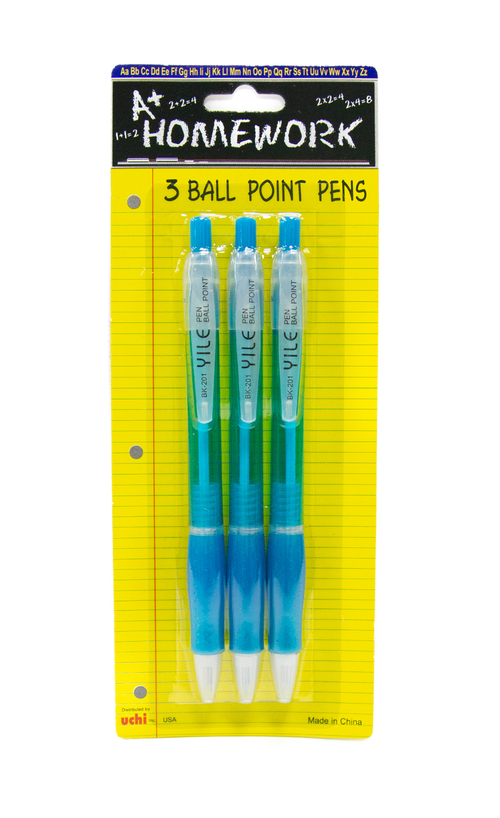 A+ Homework Ballpoint Pens - 3 Count, Blue, Retractable