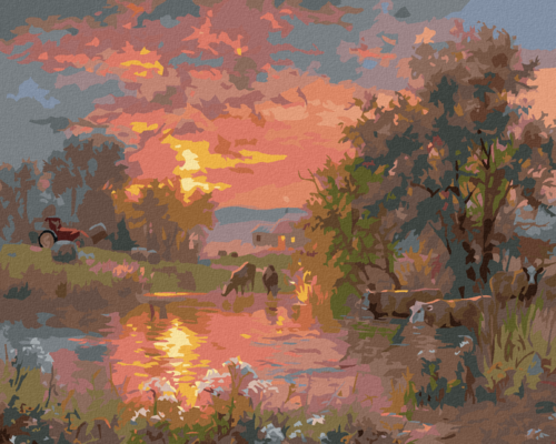 Paint by Numbers - COWS AT THE POND AND SUNSET (ABRAHAM HUNTER)