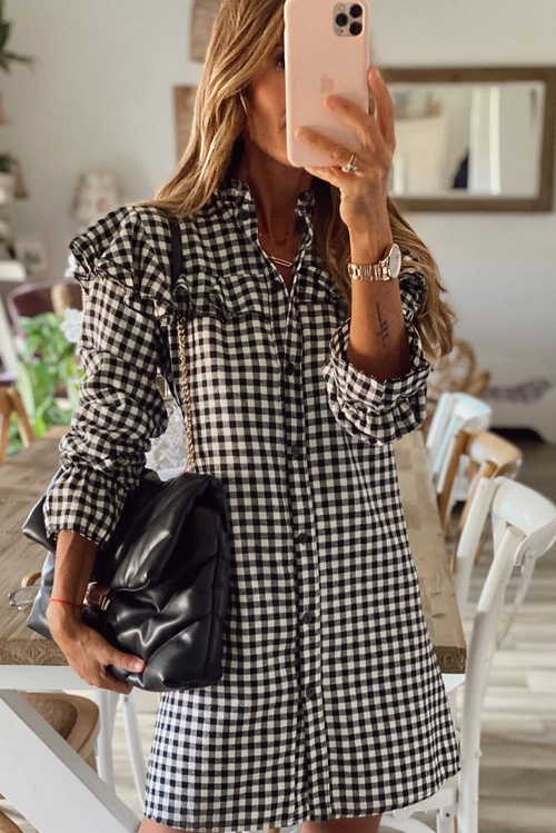 Black Plaid Ruffle Buttoned Long Sleeve Mini Dress