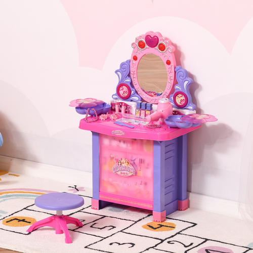 Qaba Kids Vanity Table & Stool Pretend Playset Dressing Table Set with