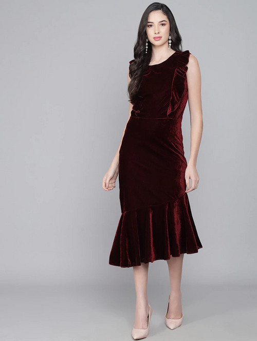 Maroon Solid Pephem Dress (Size-L) (Color-MAROON)