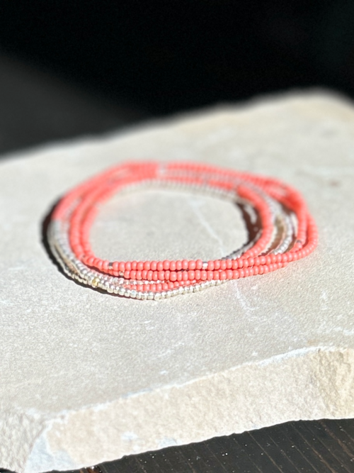 Coral Pink & Silver Lined Combo Beaded 5-Wrap Bracelet