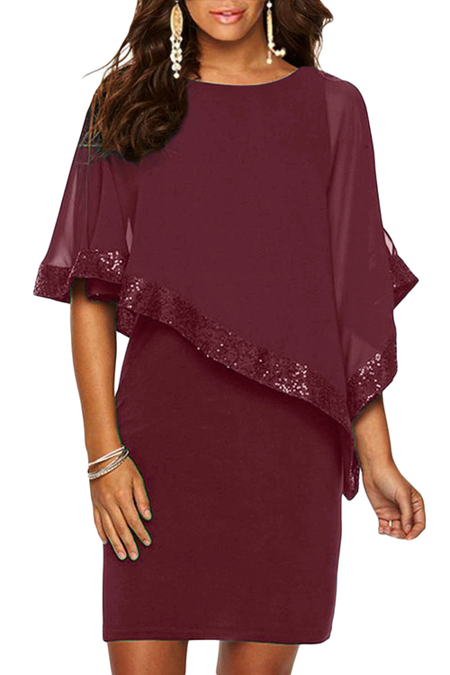 Burgundy Sequined Poncho Mini Dress