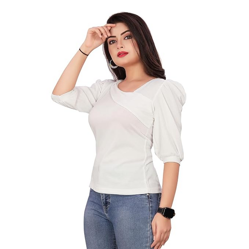 Casual Lycra Blend Asymmetric Neck Puff Half Sleeves (Size-S)