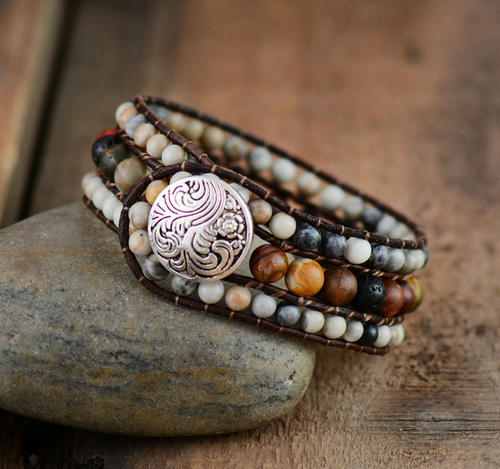 Boho Bracelets Natural Stones Lava Rock Leather