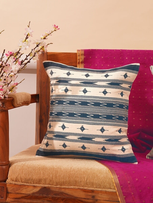 Blue Cotton Hand Woven Cushion Cover (Size 27 x 16 Inch)
