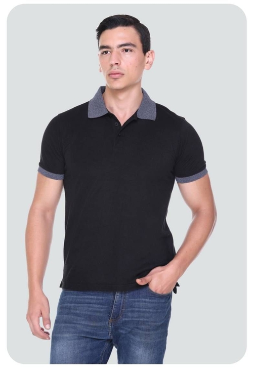 Men Black Solid Polo Grey collar T-Shirt  (Size-S) (Color-BLACK)