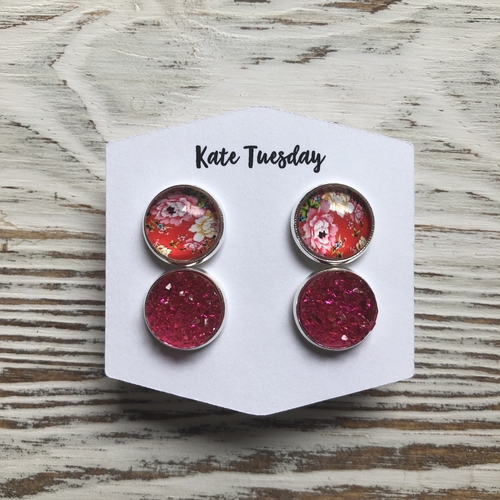 Cherry and Pink Druzy Double Set of Earrings