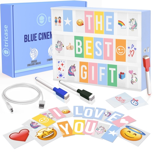 Blue Cinema Light Box with 312 Letters Emojis & 3 Markers   Led Light