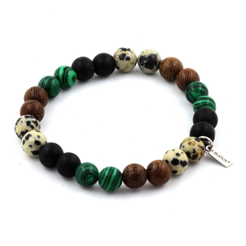 Dalmatian Jasper + Malachite + Matte Black Onyx + Wood Bracelet