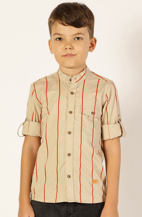 Boys Premium Band Collar Vertical Striped Cotton Casual Shirt (Color