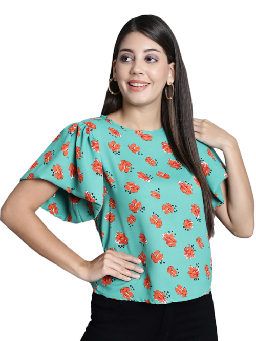 Women Green Printed Crew Neck Top(SizeM)(ColorGreen )