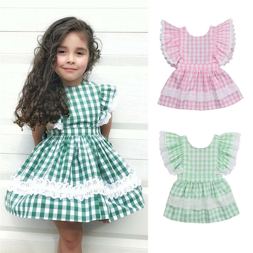 Kids Baby Girls Lace Checks Party Dress Lovely