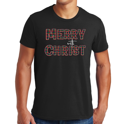 Mens Graphic T-shirt Merry with Christ - Red and Green Plaid Christmas