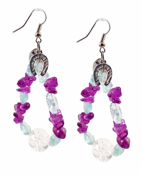 Aquamarine and amethyst stones drop earrings with silver horseshoe