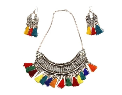 Oxidised Metal Necklace and Earring with Tassel Necklace for Women