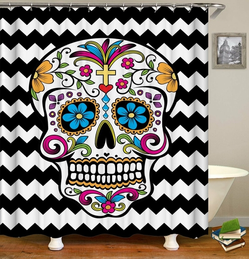 Sugar Skull Black & White Chevron Shower Curtain